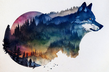 Wolf watercolor double exposure background. Abstract colorful wolf background