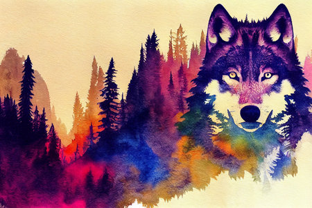 Wolf watercolor double exposure background. Abstract colorful wolf backgroundの写真素材
