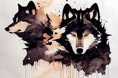 Wolf watercolor double exposure background. Abstract colorful wolf background
