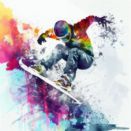 Snowboarding, Jumping snowboarder. Watercolor illustration of a man on a snowboardの写真素材
