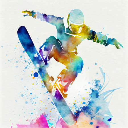 Snowboarding, Jumping snowboarder. Watercolor illustration of a man on a snowboardの写真素材