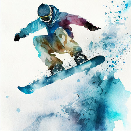 Snowboarding, Jumping snowboarder. Watercolor illustration of a man on a snowboardの写真素材