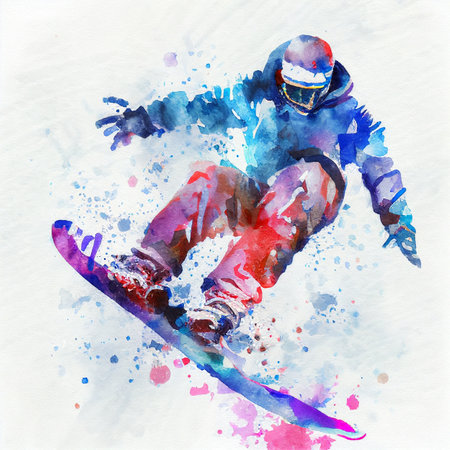 Snowboarding, Jumping snowboarder. Watercolor illustration of a man on a snowboardの写真素材