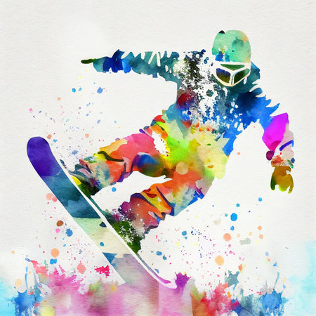 Snowboarding, Jumping snowboarder. Watercolor illustration of a man on a snowboardの写真素材