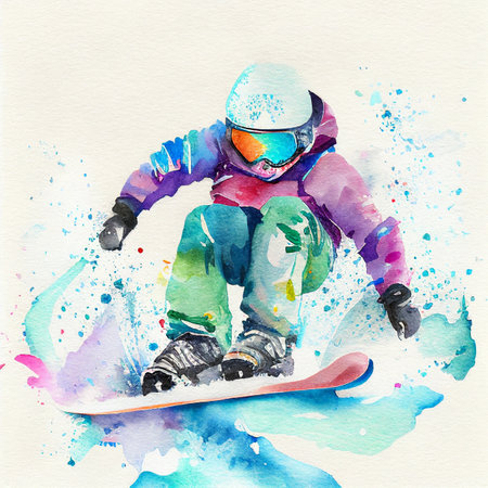 Watercolor illustration of a kid on a snowboard. Jumping snowboarder. Snowboardingの写真素材