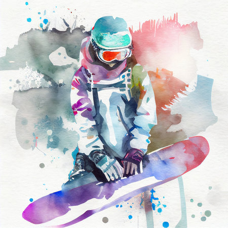 Watercolor illustration of a woman on a snowboard.. Jumping snowboarder. Snowboardingの写真素材