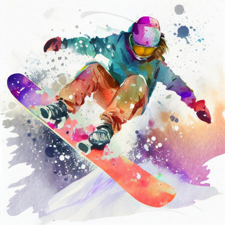 Watercolor illustration of a woman on a snowboard.. Jumping snowboarder. Snowboardingの写真素材