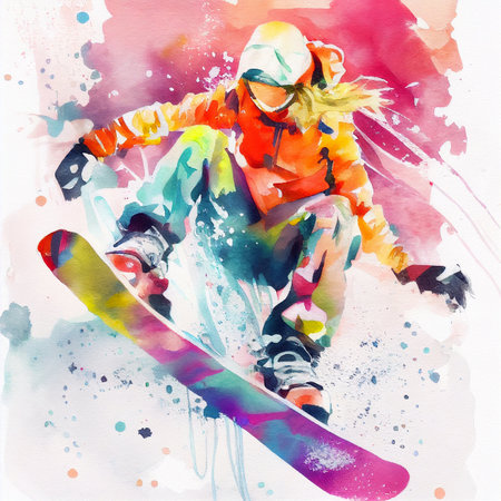 Watercolor illustration of a woman on a snowboard.. Jumping snowboarder. Snowboardingの写真素材