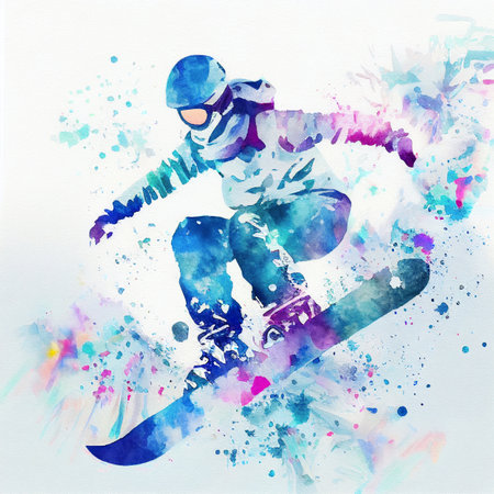 Watercolor illustration of a woman on a snowboard.. Jumping snowboarder. Snowboardingの写真素材