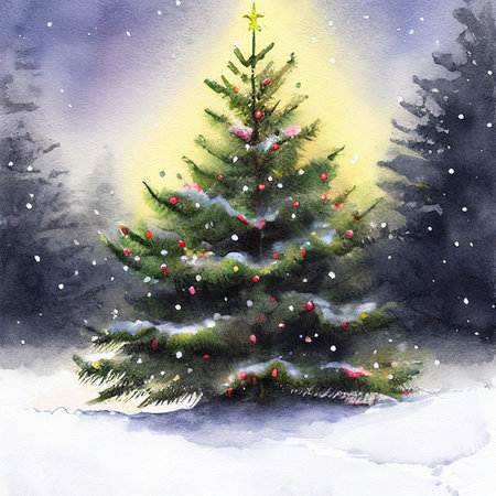 Watercolor painting of a christmas tree. Christmas treeの写真素材