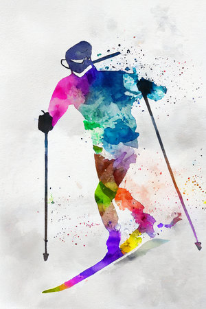 Watercolor illustration of a cross-country skier. Cross-country skiingの写真素材