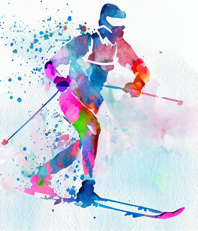 Watercolor illustration of a cross-country skier. Cross-country skiingの写真素材