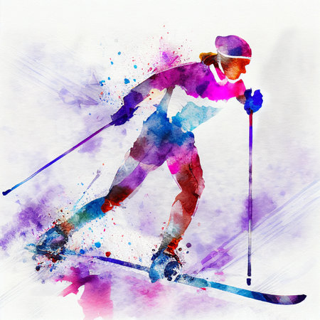 Watercolor illustration of a cross-country skier. Cross-country skiingの写真素材