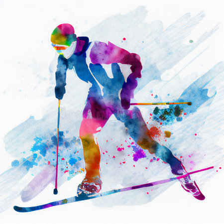 Watercolor illustration of a cross-country skier. Cross-country skiingの写真素材