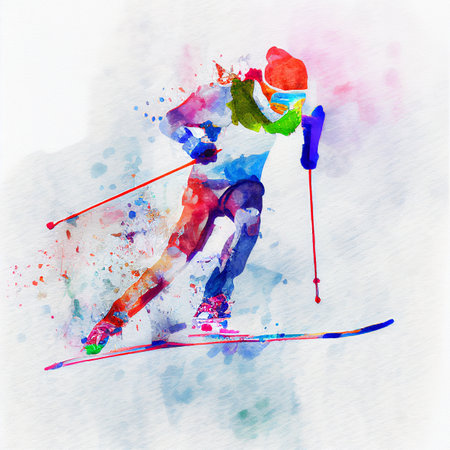 Watercolor illustration of a cross-country skier. Cross-country skiingの写真素材