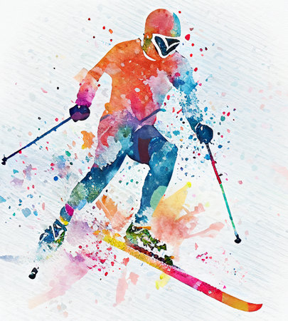 Watercolor illustration of a cross-country skier. Cross-country skiingの写真素材