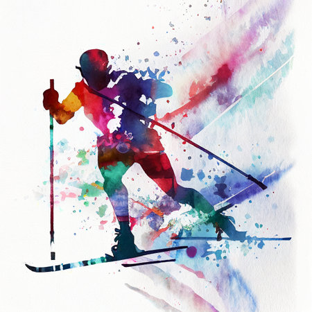 Watercolor illustration of a cross-country skier. Cross-country skiingの写真素材