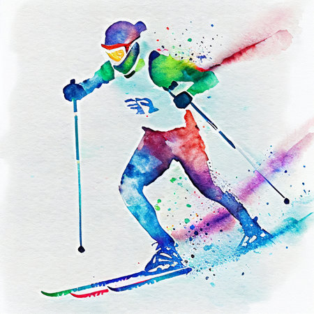 Watercolor illustration of a cross-country skier. Cross-country skiingの写真素材