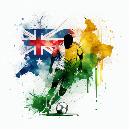 Australian national football player. Australia soccer team. Australian soccer poster. Abstract Australia football backgroundの写真素材