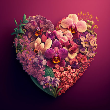 Heart shape made out of flowers, orchids, herbs and leaves on a pink background. Heart. Loveの写真素材