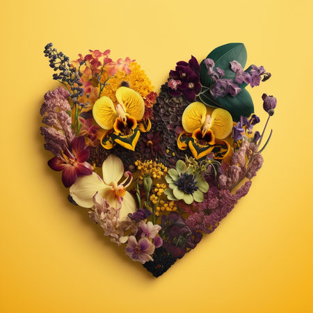 Heart shape made out of flowers, orchids, herbs and leaves on a yellow background. Heart. Loveの写真素材