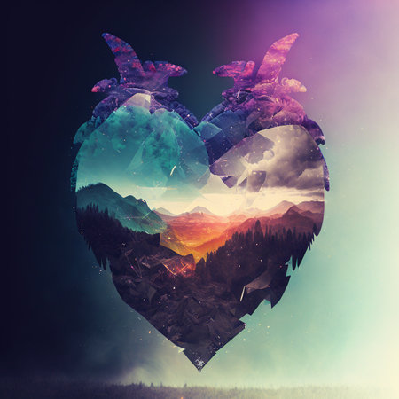Double exposure heart. love for nature poster. valentines day background. Heartの素材