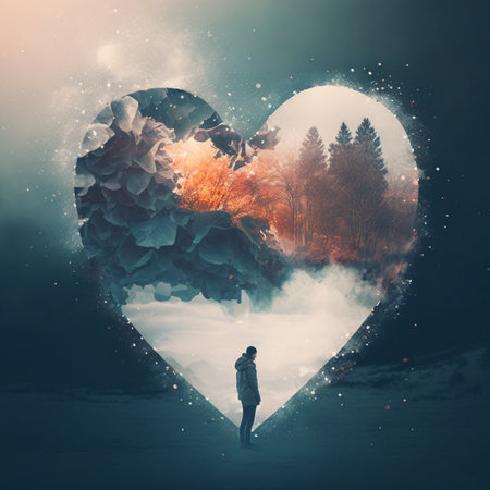 Double exposure heart. love for nature poster. valentines day background. Heartの素材