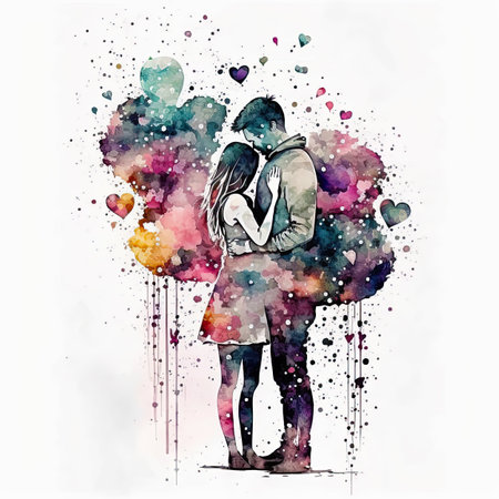 Young love. Watercolor illustration of kissing and hugging couple surrounded by hearts. Romantic date. Valentine's day card. ai generated. Couple in love hugging and kissing.の素材