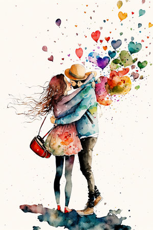 Young love. Watercolor illustration of kissing and hugging couple surrounded by hearts. Romantic date. Valentine's day card. ai generated. Couple in love hugging and kissing.の素材