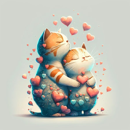 Cat couple hugging, cuddling and kissing. Valentines day card. Valentine poster. ai generated. Love background. Cat loveの写真素材