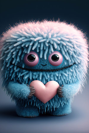 Adorable monster holding a heart. Cute valentine monster. Valentines day card. Cute fluffy creature with a heartの写真素材