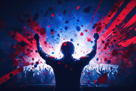 Gamer celebrating victory. Electronic sports player rejoices victory in e-sports tournament. Winning...