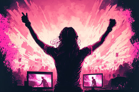 Gamer celebrating victory. Electronic sports player rejoices victory in e-sports tournament. Winning an eSports gameの写真素材