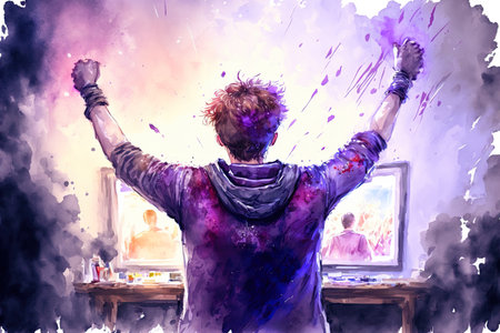 Gamer celebrating victory. Electronic sports player rejoices victory in e-sports tournament. Winning an eSports gameの写真素材