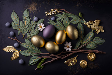 Golden easter egg. Easter decorations. Golden and black eggs decoration