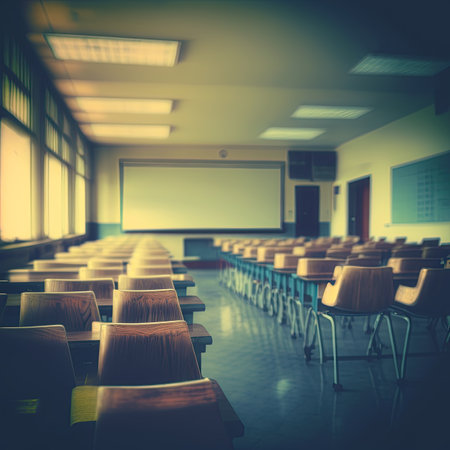 Empty defocused university classroom. Blurred school classroom without students with empty chairs...