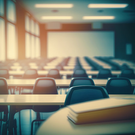 Empty defocused university classroom. Blurred school classroom without students with empty chairs and tables. Business conference roomの写真素材