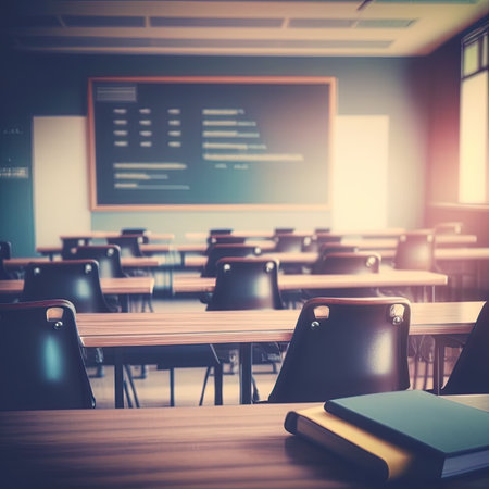 Empty defocused university classroom. Blurred school classroom without students with empty chairs and tables. Business conference roomの写真素材