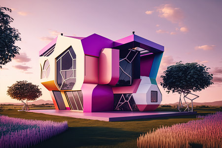 Surreal modern villa. Playful surreal architecture. Super modern extravagant house. Futuristic luxury geometric architectureの写真素材