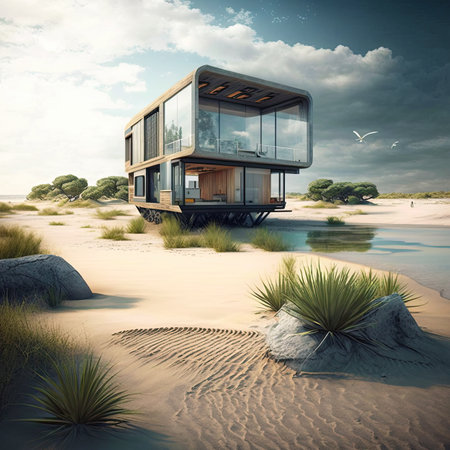 Beach house. Small luxury modern beach house. Modern architecture. Villa by the seaの写真素材