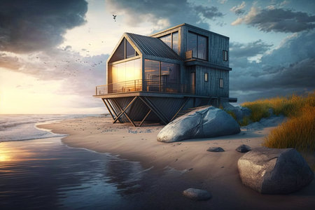 Beach house. Small luxury modern beach house. Modern architecture. Villa by the seaの写真素材