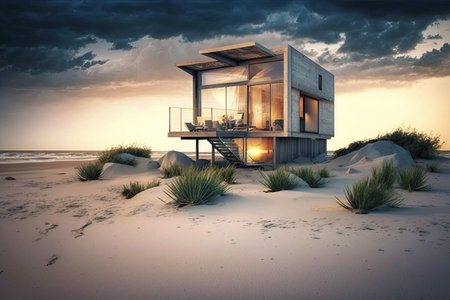 Beach house. Small luxury modern beach house. Modern architecture. Villa by the seaの写真素材