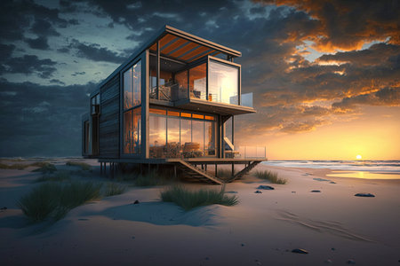 Beach house. Small luxury modern beach house. Modern architecture. Villa by the seaの写真素材