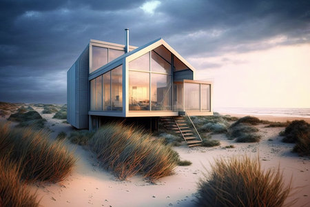 Beach house. Small luxury modern beach house. Modern architecture. Villa by the seaの写真素材