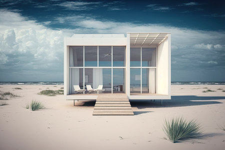 Beach house. Small luxury modern beach house. Modern Scandinavian architecture. Minimalistic villa by the seaの写真素材