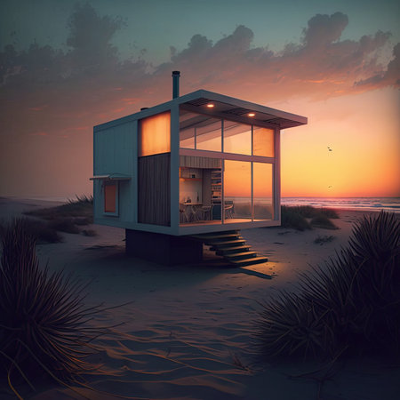 Beach house. Small luxury modern beach house. Modern Scandinavian architecture. Minimalistic villa by the seaの写真素材