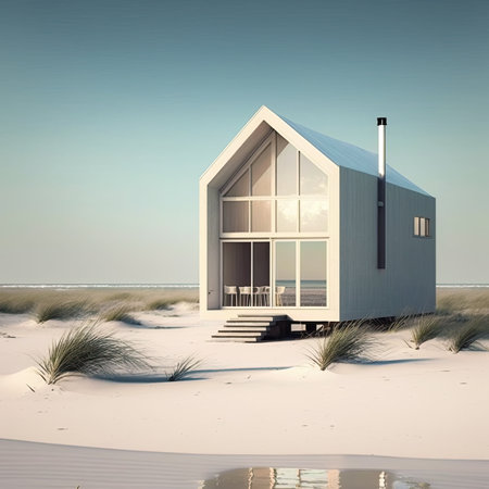 Beach house. Small luxury modern beach house. Modern Scandinavian architecture. Minimalistic villa by the seaの写真素材