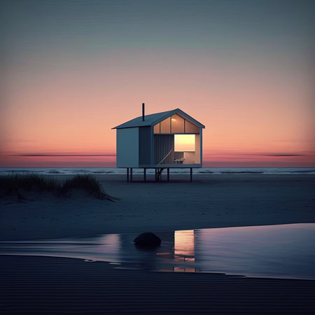 Beach house. Small luxury modern beach house. Modern Scandinavian architecture. Minimalistic villa by the seaの写真素材