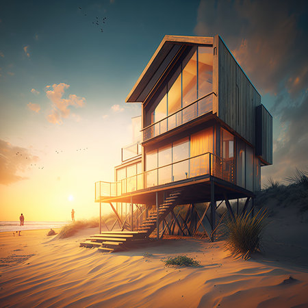 Beach house. Small luxury modern beach house. Modern architecture. Villa by the seaの写真素材