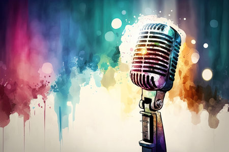 Microphone. Retro style microphone on a stage with watercolor backgroundの写真素材